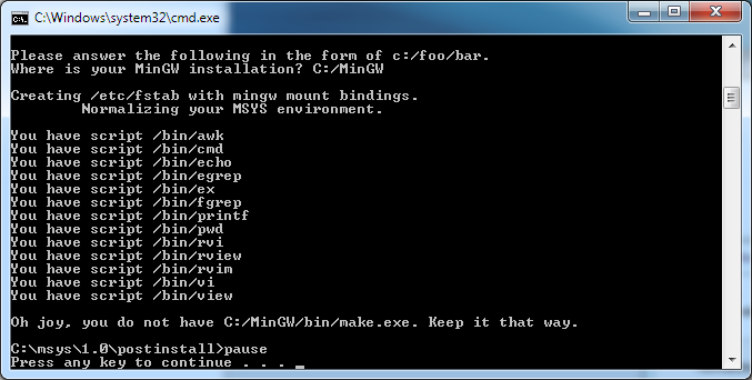 Successful MSYS installation