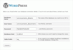 WordPress database connection details form