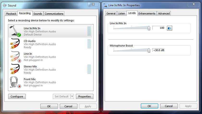 Windows Sound/Mic In Properties